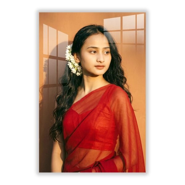 retro-red-saree-ai-prompt-acrylic-frame Retro Red Saree AI Prompt Acrylic Frame